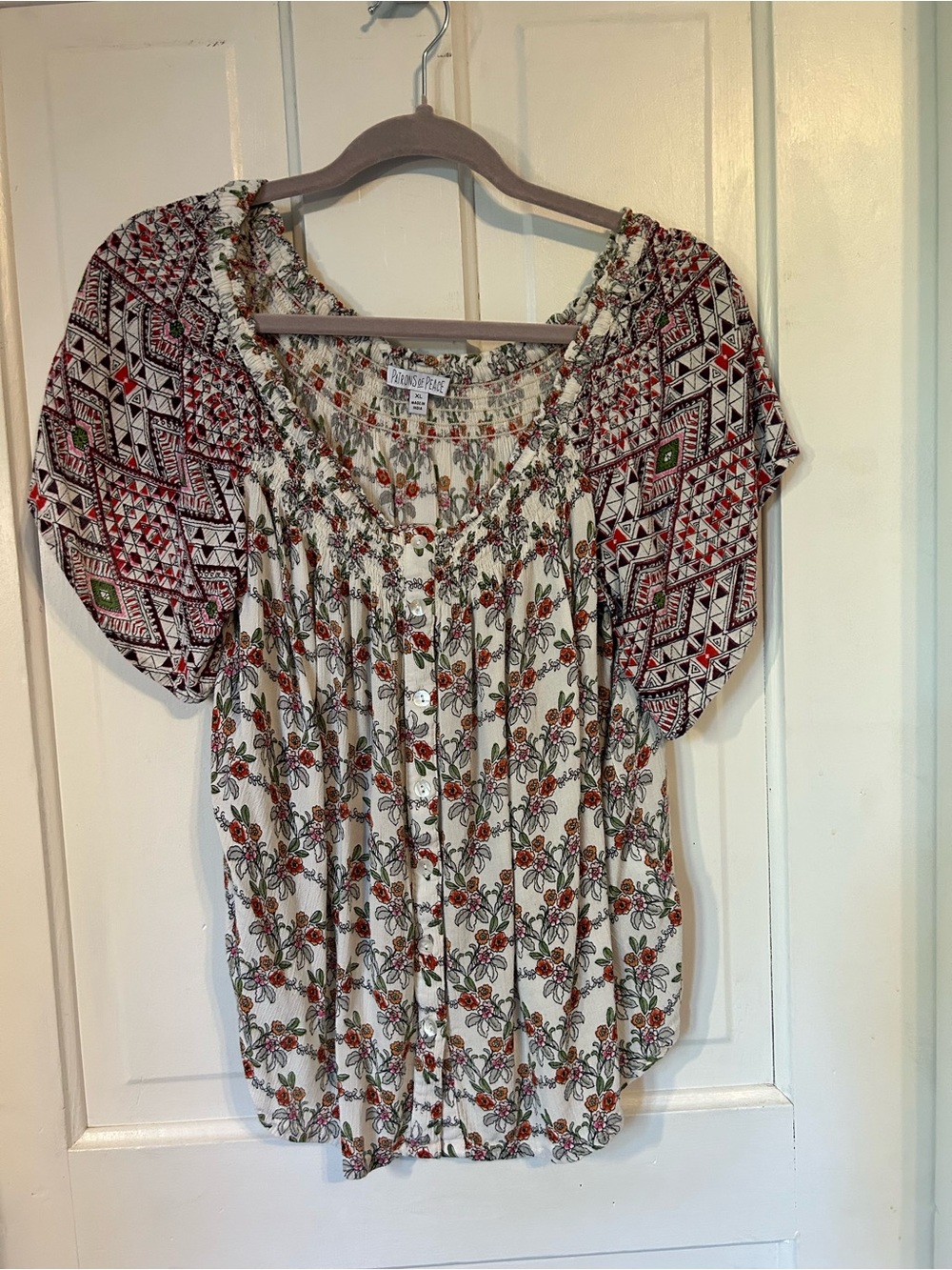 Patrons of Peace Cream Floral Button-Front Peasant Top with Patterned Sleeves